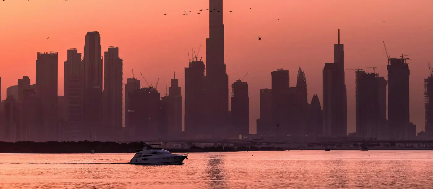The Dubai skyline at sunset