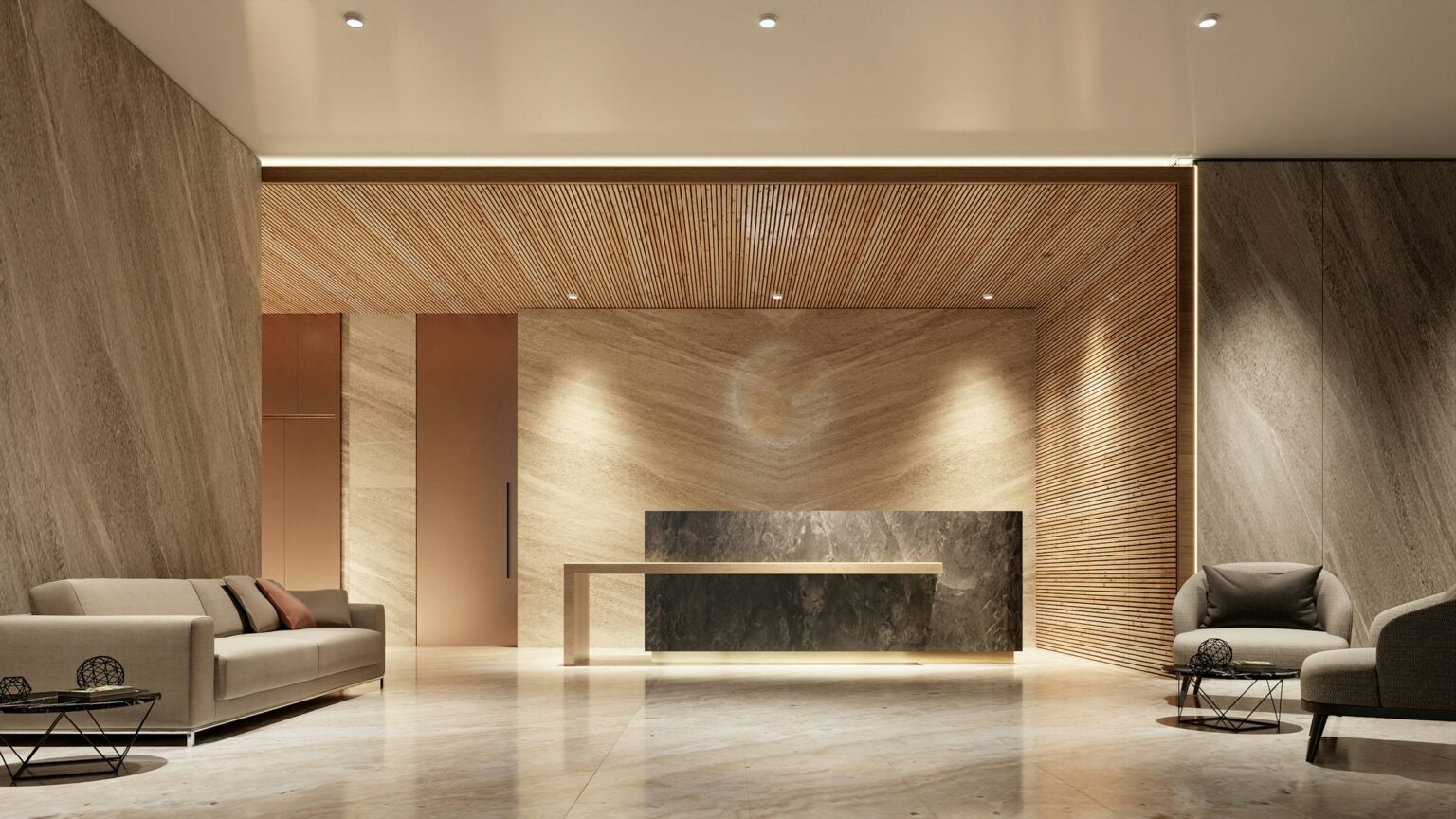 The reception area of a modern Dubai office building